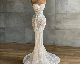 Luxury Crystal Beaded Mermaid Lace Wedding Dress | Sweetheart Strapless Sleeveless Appliques | Bridal Gown | Bridal Dress | Bride Gown