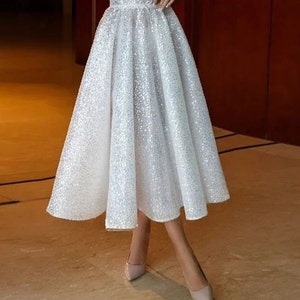 Silver Sparkle Sequin Short Summer Bridal Gown Off-the-Shoulder A-Line Dress Knee-Length Elegant Split Gown Detachable Sleeves zdjęcie 8