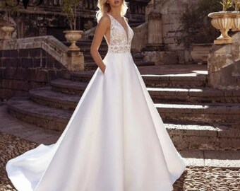 A-Line Wedding Dress | Deep V-Neck | Applique Details | Elegant Bridal Gown | with Pockets | Floor-Length | Bridal Gown | Wedding Gown