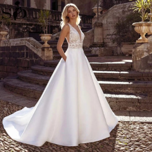 A-Line Wedding Dress | Deep V-Neck | Applique Details | Elegant Bridal Gown | with Pockets | Floor-Length | Bridal Gown | Wedding Gown