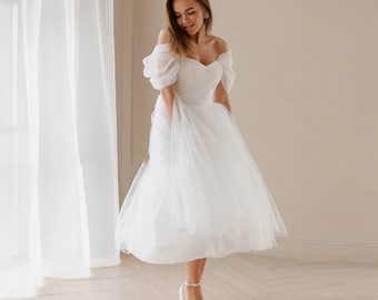 Tea-Length Tulle Wedding Dress | Off-Shoulder | Lace-Up Back |  Custom Size | Short Tulle Princess Wedding Dress | A- Line Modern Bride Gown