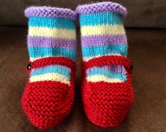 Knitted slippers; girls slippers; kids slippers; woollen slippers; ballet slippers; red shoes; multi-coloured socks;  winter warmers