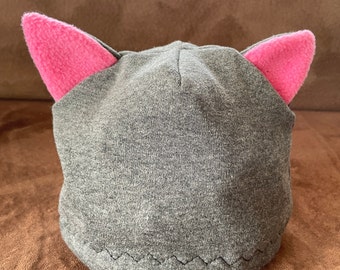 Children's Cat Hat; dress up hat; kids dress ups; costumes; grey and pink; fleece beanie; winter hat;