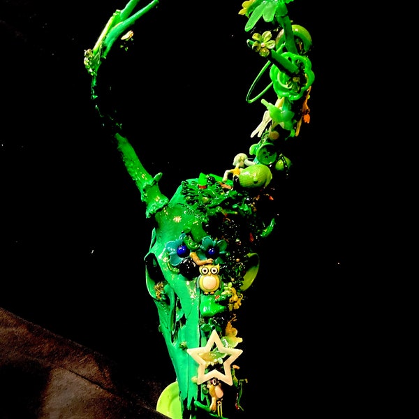 Green Deer Skull Art Assemblage, Monochromatic Found Item Sculpture