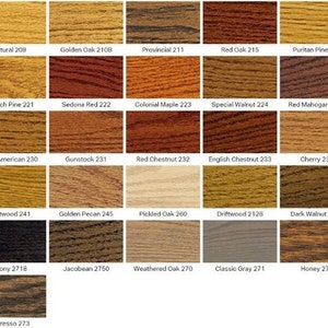 May include: A color chart featuring wood stain samples in various shades, including Natural 209, Golden Oak 210B, and Ebony 2718. Each sample is labeled with its name and number, showcasing a range of wood tones.