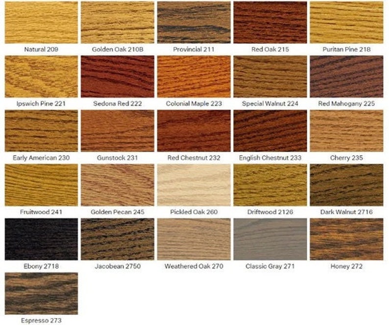 May include: A color chart featuring wood stain samples in various shades, including Natural 209, Golden Oak 210B, and Ebony 2718. Each sample is labeled with its name and number, showcasing a range of wood tones.