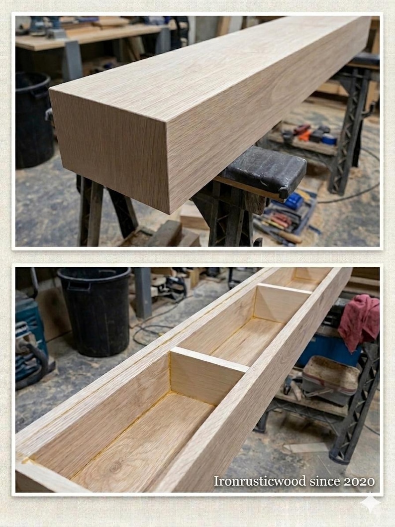 May include: A rectangular, light-colored wooden beam, possibly oak, is shown in two views. The beam is supported by sawhorses in a workshop setting. The second view reveals an interior cavity with dividers. The text "Ironrusticwood since 2020" is visible.