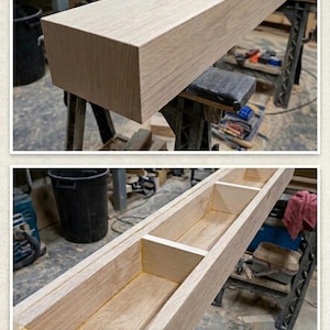 May include: A rectangular, light-colored wooden beam, possibly oak, is shown in two views. The first shows the solid beam, while the second reveals an interior with dividers. The text "Ironrusticwood since 2020" is visible.