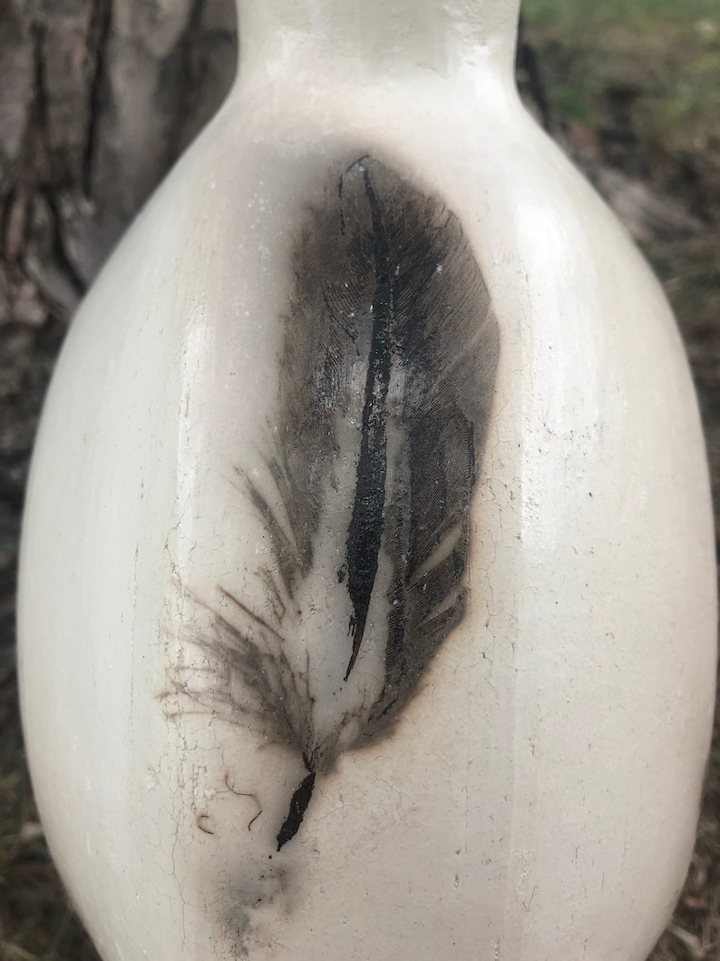 Black and White Feather Raku Canteen Ceramic Vase