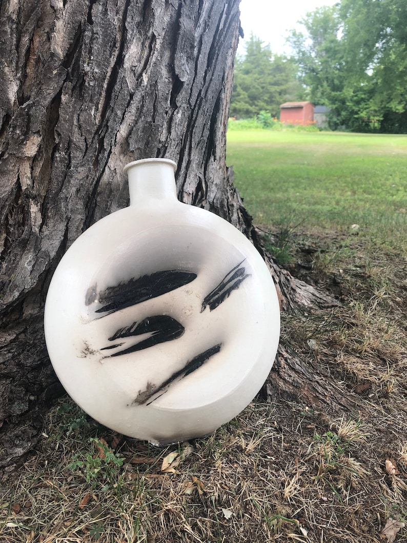Black and White Feather Raku Canteen Ceramic Vase