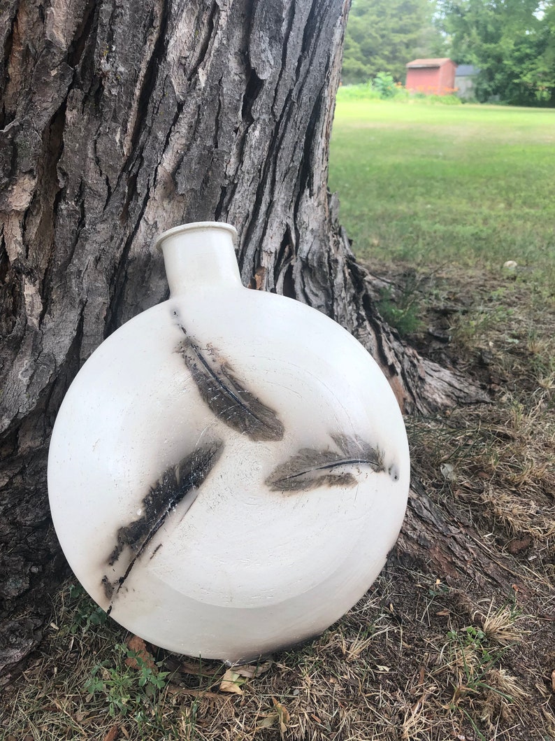 Black and White Feather Raku Canteen Ceramic Vase