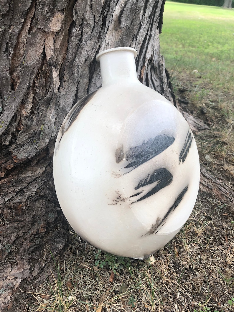 Black and White Feather Raku Canteen Ceramic Vase