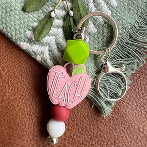 Pink Apple Teach Barbell Keychain with Cute Silicone Beads | Fun Teacher Gift | Teacher Bag Charm
