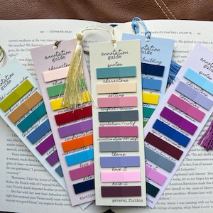 May include: A collection of colorful annotation guide bookmarks with text and tassels, resting on an open book. The bookmarks feature labels like "quotes," "characters," and "theme," with corresponding color-coded sticky notes.