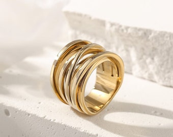 Elegant multistrand crossover style statement ring in yellow gold plating