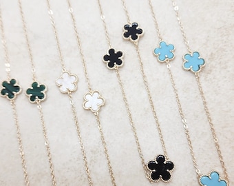 Five Leaf Clover and Gold Plated Long Necklace; White, Black, Turquoise and Green