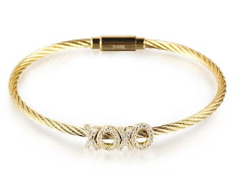 XOXO Statement Pave Cable Bangle Bracelet; yellow or white gold; cubic zirconias