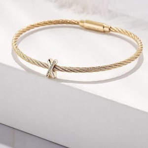 X Statement Pave Cable Bangle Bracelet; yellow or white gold; cubic zirconias