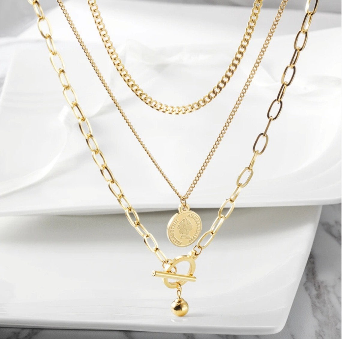 Triple strand necklace in stainless steel with 14kt gold Etsy