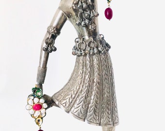 Kundan and pearl earring with ruby like teardrop pendant