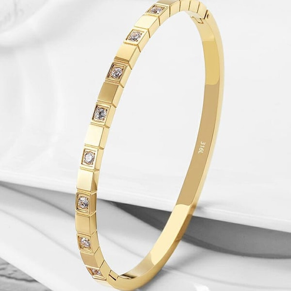 Alternating Cubic Zirconia Cube Bangle Bracelet; yellow, white or rose gold plating