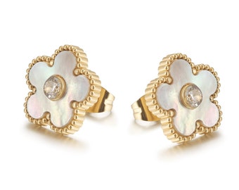 Five Petal Yellow Gold Flower Earrings with Mother of Pearl Inlay