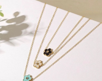 Five Petal Yellow Gold Daisy Pendant Necklace; white, black or turquoise