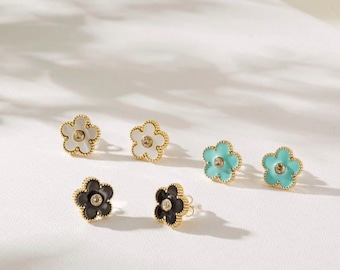 Five Petal Yellow Gold Daisy Earrings; White, Black or Turquoise