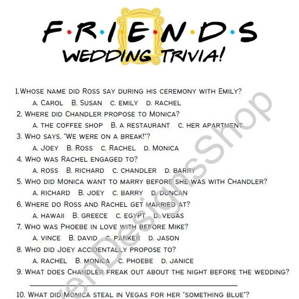 Printable F.R.I.E.N.D.S. Bridal Shower/Wedding Trivia Game / 5"x7"