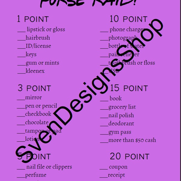 Printable F.R.I.E.N.D.S. Purse Raid / Bridal Shower Game 5x7 Cards