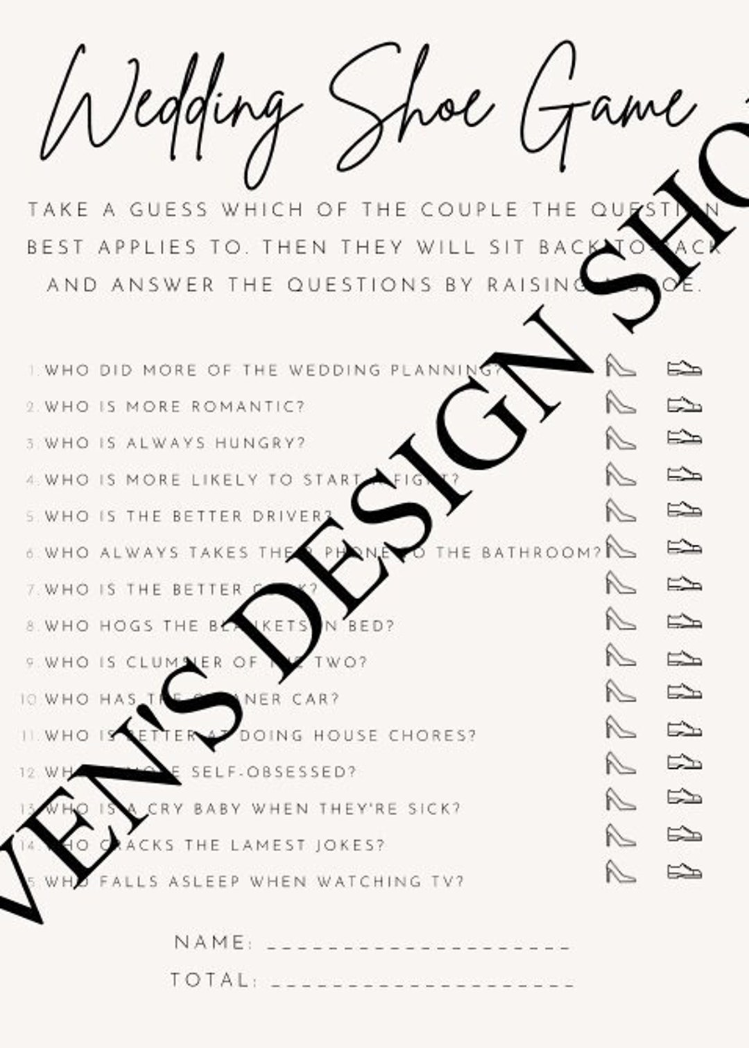 Wedding Shoe Game, Printable Bridal Shower Wedding Game, Bridal Shoe