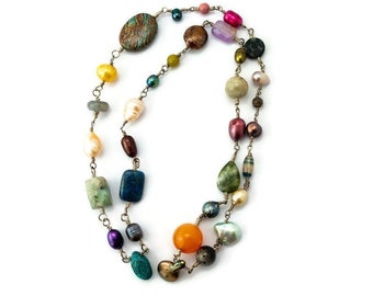 Collier Vintage Perles En Pierres Naturelles Multicolores – Occasion En Parfait état