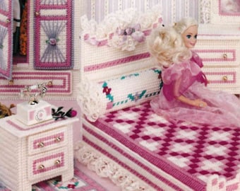 Plastic Canvas Doll Furniture Patterns PDF Instant Download, Fashion Doll Bedroom house patterns.
