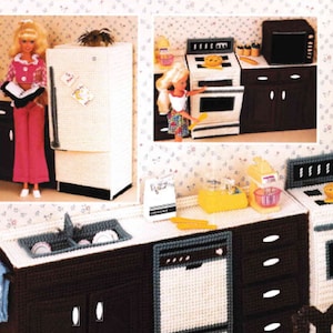 May include: A dollhouse kitchen playset in white and brown. The kitchen features a sink, dishwasher, oven, and cupboards. There are also various accessories, such as a mixer, dishes, and a pie.
