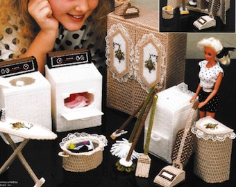 Doll Furniture Plastic Canvas Pattern PDF Vintage Book Instant Download Fashion Doll House Washer Dryer Vacuum Basket