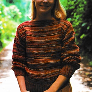 Crochet Sweater Patterns PDF Women's Striped Tunisian Boatneck Pullover Jumper Vintage Craft Book Instant Download SIZE 8 - 10 - 12 - 14