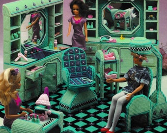 Dollhouse Furniture Plastic Canvas Pattern PDF Download, Fashion Doll House Beauty Salon Hair Dryer Manicure Station Patterns.