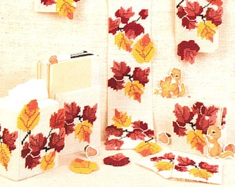 Vintage Plastic Canvas Patterns PDF Instant Download. Fall Tissue Box Cover Plastic Canvas PDF Patterns. Autumn Leaves, Coasters Set Holder
