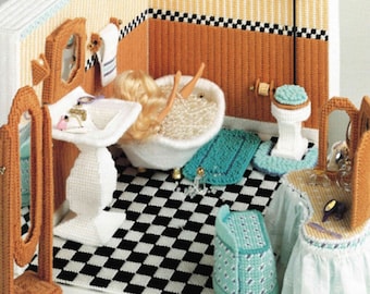 Plastic Canvas Dollhouse Furniture Pattern PDF Instant Download, Fashion Doll Tub Sink Vanity Vintage Craft Book Instant Download