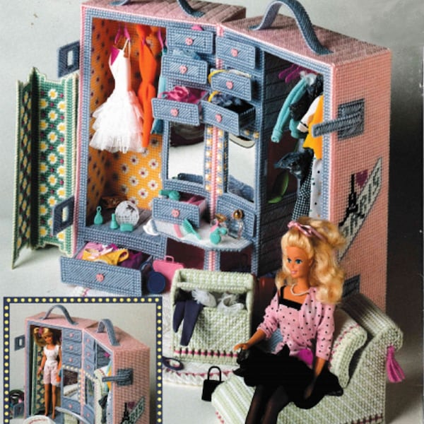 Plastic Canvas Barbie Furniture Pattern PDF Download, Fashion Doll Clothes Dressing Room Trunk Vintage Craft Book Instant Download