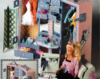 Plastic Canvas Dollhouse Furniture Pattern PDF Download, Fashion Doll Clothes Dressing Room Trunk Vintage Craft Book Instant Download