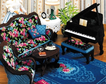 SALE! Dollhouse Furniture Plastic Canvas Pattern PDF Book Instant Download Fashion Doll House Victorian Parlor Piano Rug Settee Coffee Table