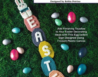 SALE! Plastic Canvas Easter Sign Pattern PDF Cross Stitch Holiday Door Wall Hanging Bunny Vintage Craft Instant Download 7-Count
