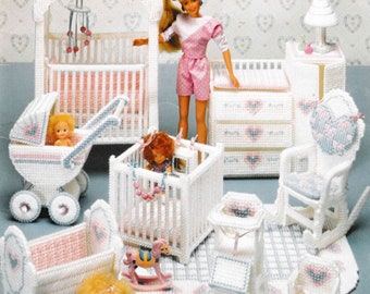 Plastic Canvas Barbie Furniture Pattern PDF Book Download, Fashion Doll House Baby Nursery Crib Stroller Rocker Playpen Patterns.