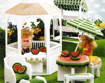 Dollhouse Furniture Plastic Canvas Pattern PDF Book Instant Download, Fashion Doll House Garden Gazebo Swing Umbrella Table Chair Patterns.