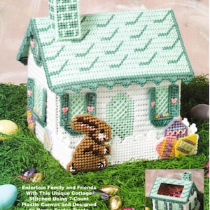 Easter Plastic Canvas Cottage Pattern PDF Village Candy Dish with Bunny + Easter Eggs Craft Book Instant Download 7-Count Mesh