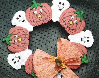 Halloween Plastic Canvas Patterns PDF, Jack-O-Lanterns Wreath, Instant Digital Download, DIY Plastic Canvas Pumpkin Wall Decor