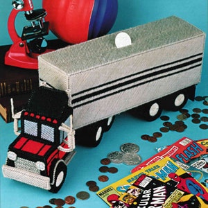 Plastic canvas pattern PDF patterns instant download. 18-Wheeler Truck Plastic canvas piggy bank.