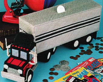 Plastic canvas pattern PDF patterns instant download. 18-Wheeler Truck Plastic canvas piggy bank.