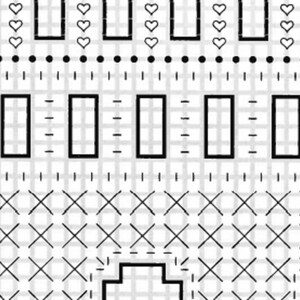 May include: Black and white geometric pattern featuring hearts, rectangles, dots, and cross-stitch designs. The repeating pattern creates a textured effect, suitable for various craft projects or digital art.